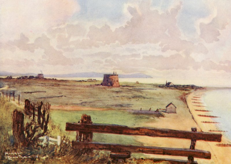 Pola golfowe: Felixtowe, widok ogólny pola golfowego (kolorowa litografia) autorstwa Harry (1878 1950) Rountree