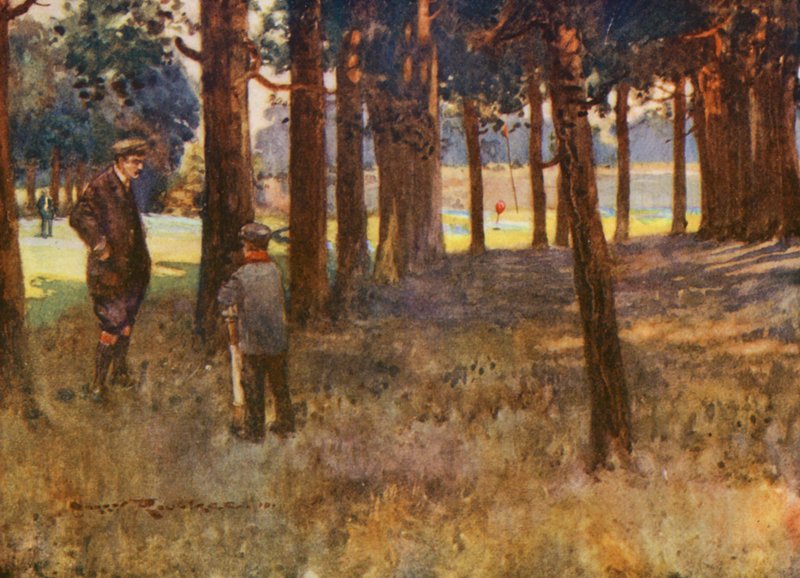 Pola golfowe: Mildenhall, wynik złego uderzenia na szóstym polu (kolorowa litografia) autorstwa Harry (1878 1950) Rountree