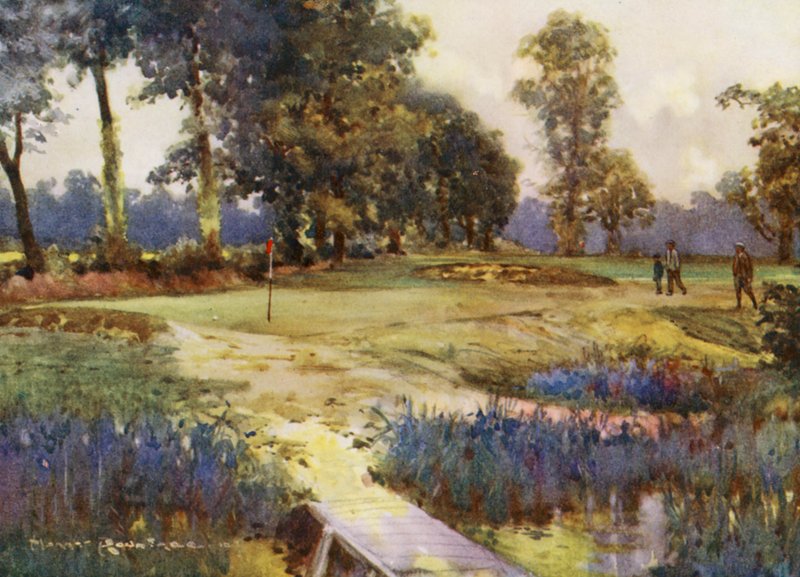Pola golfowe: Romford, szósty green (kolorowa litografia) autorstwa Harry (1878 1950) Rountree