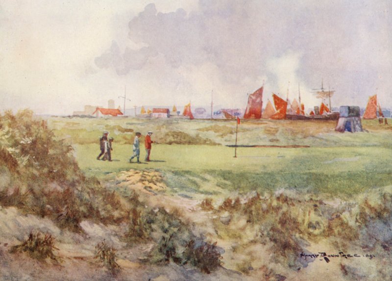 Pola golfowe: Rye, piętnasty green (kolorowa litografia) autorstwa Harry (1878 1950) Rountree