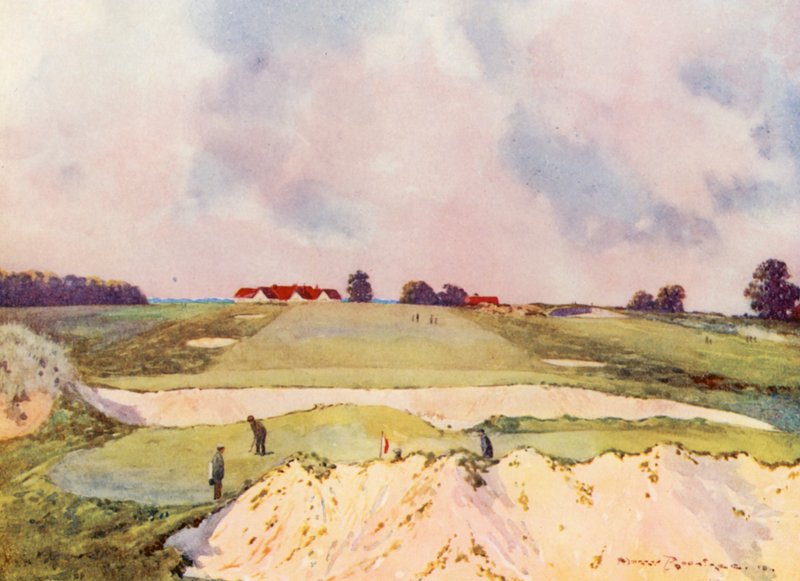 Pola golfowe: Sandy Lodge, pierwszy green, patrząc w kierunku domu klubowego (kolorowa litografia) autorstwa Harry (1878-1950) Rountree