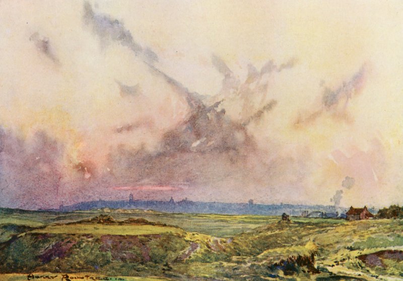 Pola golfowe: St Andrews, miasto w oddali (kolorowa litografia) autorstwa Harry (1878 1950) Rountree