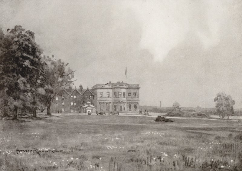 Pola golfowe: Trafford Park, dom klubowy z osiemnastego tee (litografia) autorstwa Harry (1878 1950) Rountree