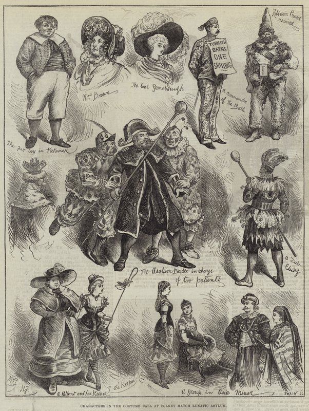 Postacie na balu kostiumowym w Colney Hatch Lunatic Asylum autorstwa Harry Furniss