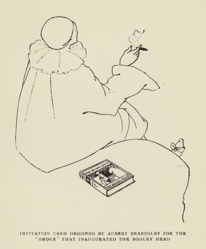 Karta z zaproszeniem zaprojektowana przez Aubrey Beardsley dla Smoke, która zainaugurowała Bodley Head autorstwa Harry Furniss