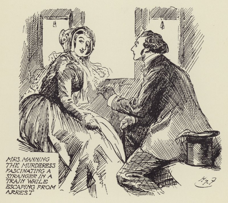 Mrs Manning the Murderess fascynuje nieznajomego w pociągu podczas ucieczki z aresztu autorstwa Harry Furniss