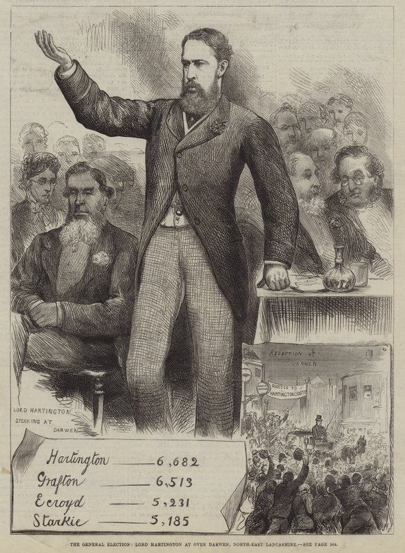 Wybory powszechne, Lord Hartington w Over Darwen, północno-wschodnie Lancashire autorstwa Harry Furniss
