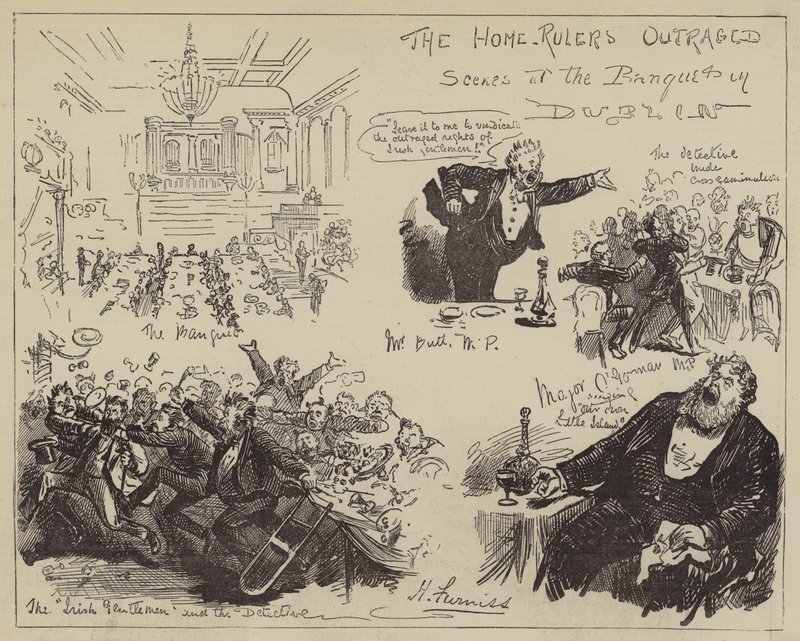 Władcy domowi oburzeni, sceny na bankiecie w Dublinie autorstwa Harry Furniss