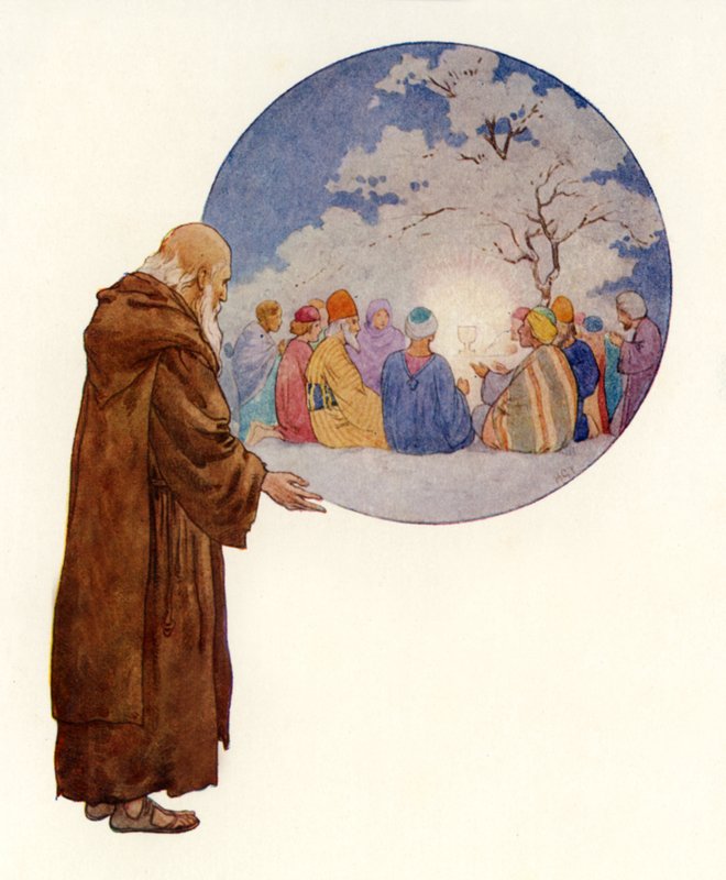 Druid widzi Józefa i jego towarzyszy na pierwszym bankiecie w Wielkiej Brytanii (kolorowa litografia) autorstwa Harry George Theaker