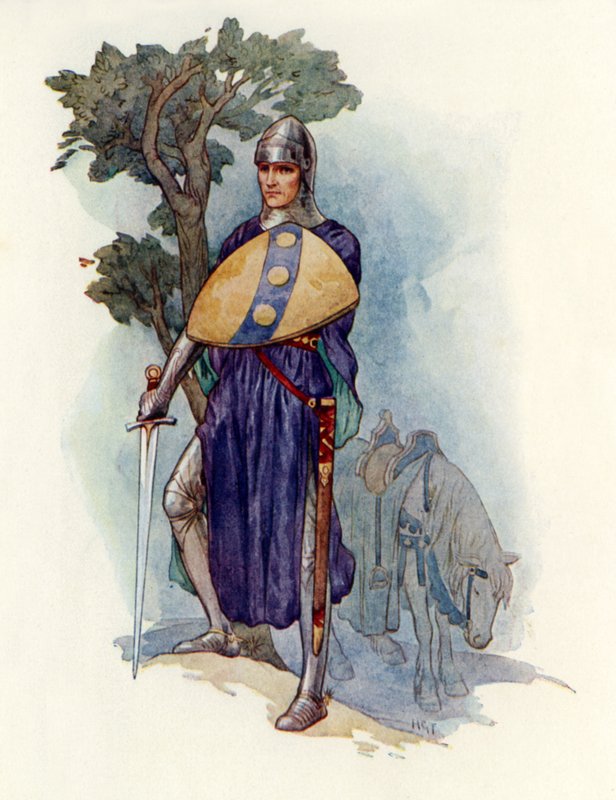 Rycerz zagradzający drogę (kolorowa litografia) autorstwa Harry George Theaker