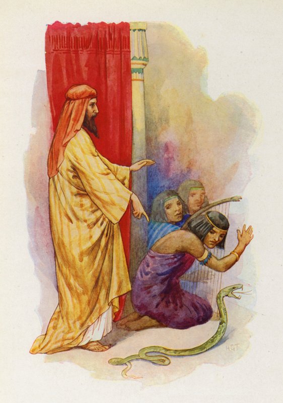Laska Aarona spadła na ziemię w postaci żywego węża (kolorowa litografia) autorstwa Harry George Theaker