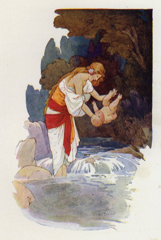 Achilles, gdy Tetyda zanurzała dziecko, trzymała je za piętę (kolorowa litografia) autorstwa Harry George Theaker
