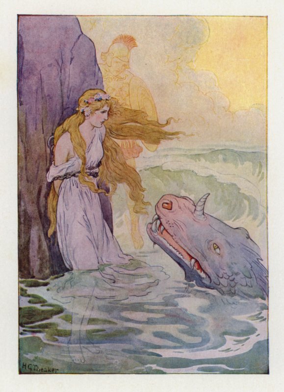Andromeda i potwór (kolorowa litografia) autorstwa Harry George Theaker