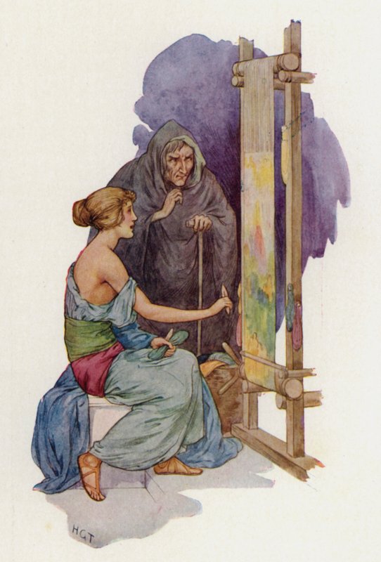 Arachne, która ma zostać zamieniona w pająka przez przebraną Minerwę (kolorowa litografia) autorstwa Harry George Theaker