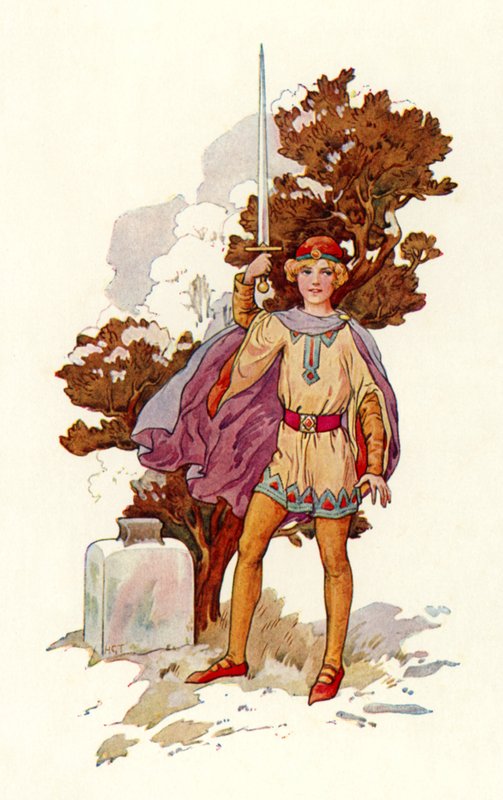 Artur z Eskaliburem (kolorowa litografia) autorstwa Harry George Theaker