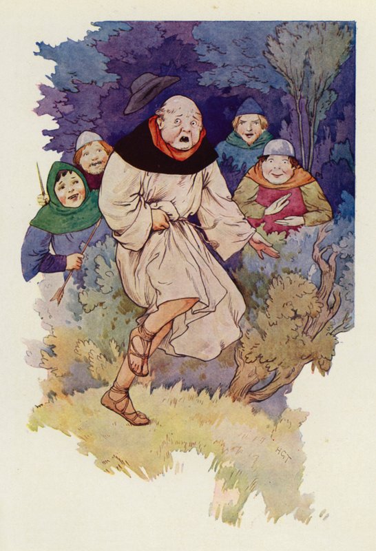 Przy pierwszym dotknięciu grotu strzały przez jego szatę, Opat wyskoczył w powietrze z piskiem (kolorowa litografia). autorstwa Harry George Theaker