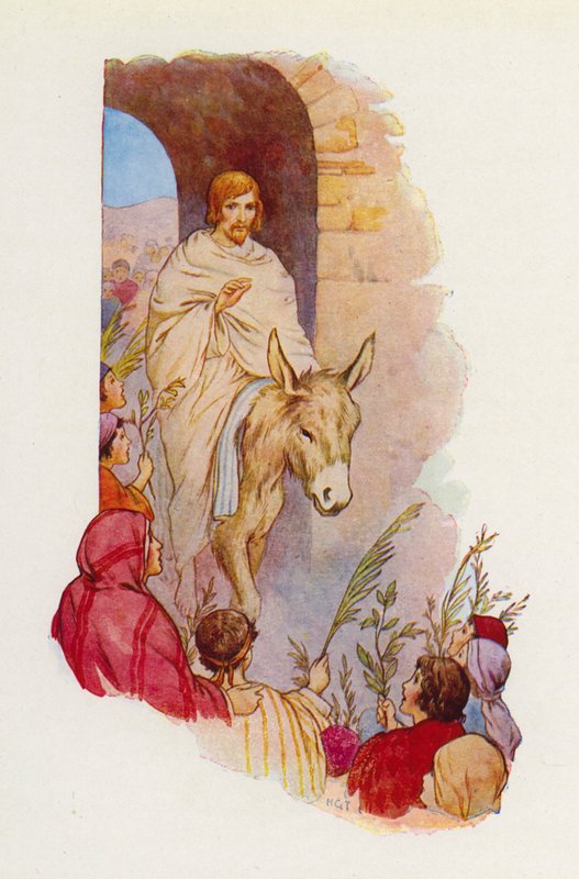 "Błogosławiony, który przychodzi w imię Pańskie" (kolorowa litografia) autorstwa Harry George Theaker