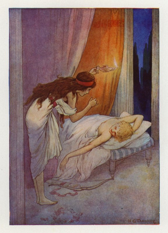 Kupidyn, jako leep (kolorowa litografia) autorstwa Harry George Theaker