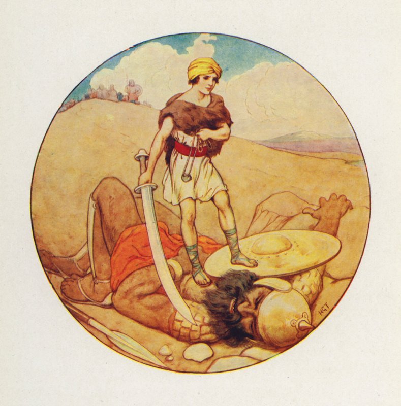 Dawid chwycił miecz olbrzyma i odciął mu głowę (kolorowa litografia). autorstwa Harry George Theaker