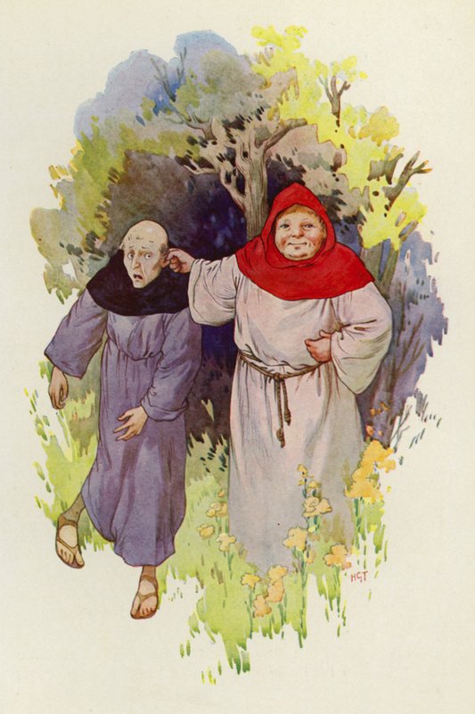 Braciszek Tuck prowadzony za ucho przez chudego, wynędzniałego mnicha (kolorowa litografia) autorstwa Harry George Theaker