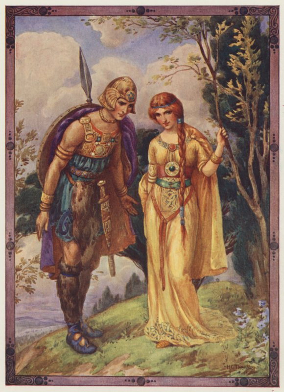 "Pozwól mi być twoim zalotnikiem", Książę Dyfedu (kolorowa litografia) autorstwa Harry George Theaker