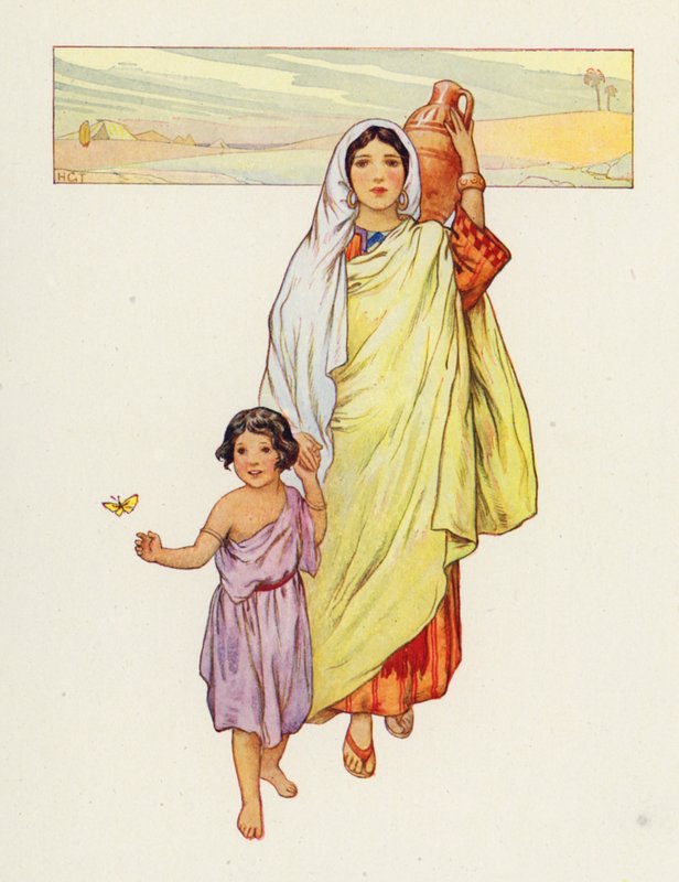 Hagar i Ismael wyszli na pustynię (kolorowa litografia) autorstwa Harry George Theaker