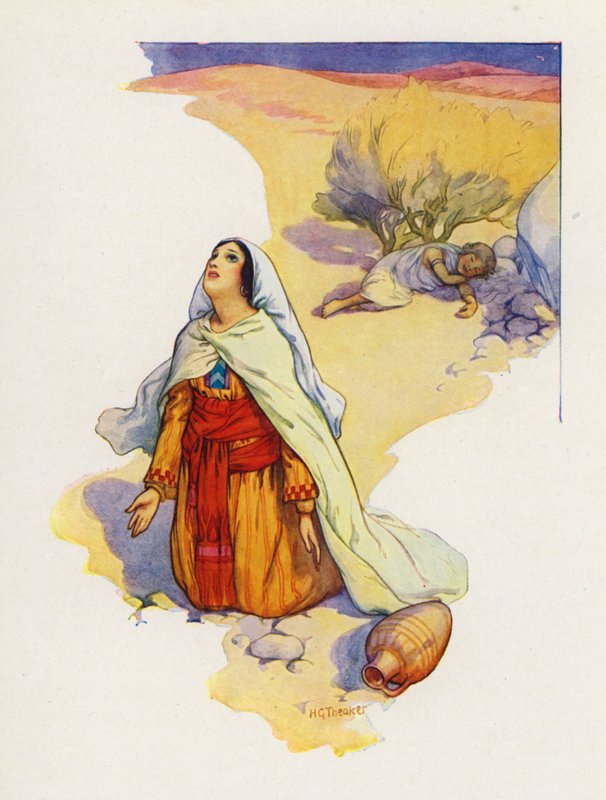 Hagar położyła dziecko w cieniu krzewu (kolorowa litografia) autorstwa Harry George Theaker