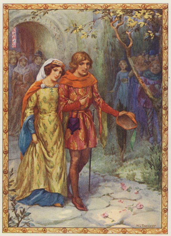 "Poślubił wysoko urodzoną damę", Historia Gamelyn (kolorowa litografia) autorstwa Harry George Theaker