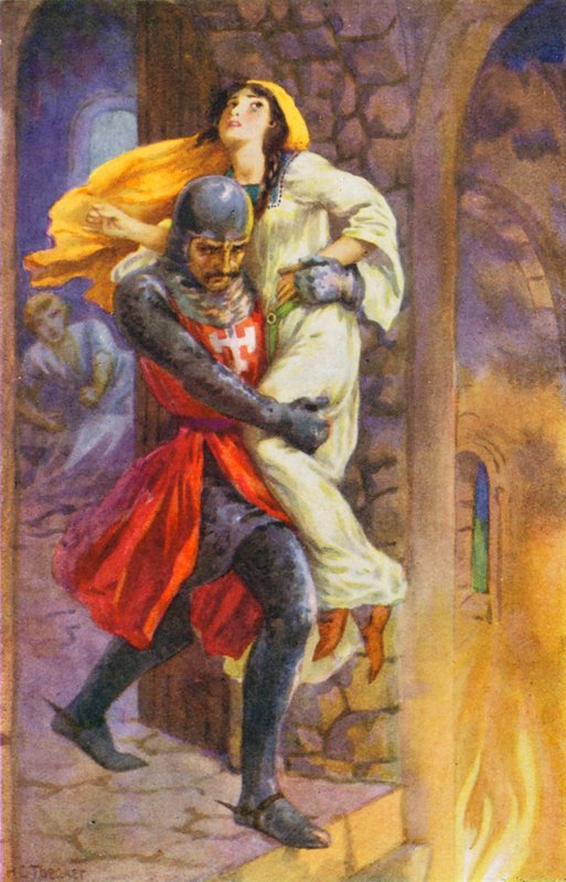 "Chwycił ją i wyniósł z mieszkania" (kolorowa litografia) autorstwa Harry George Theaker