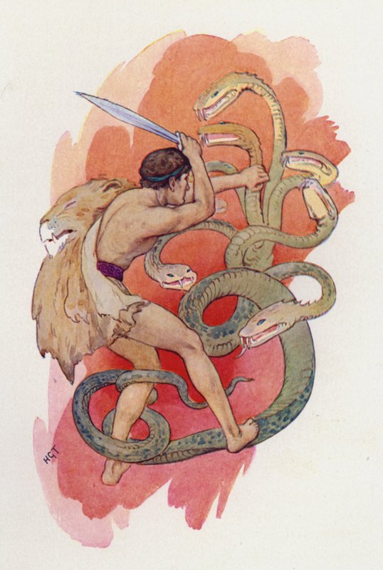 Herkules i siedmiogłowy wąż (kolorowa litografia) autorstwa Harry George Theaker