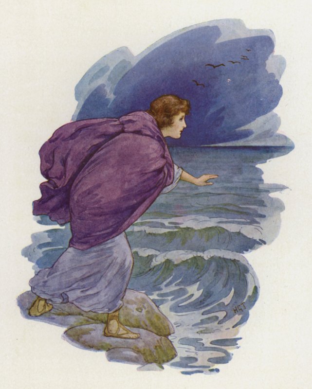 Bohater pobiegł na plażę (kolorowa litografia) autorstwa Harry George Theaker