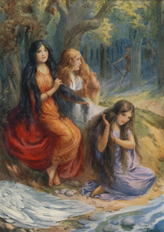 Hladgrun, Olrun i Alvit, z "Wayland the Smith" (kolorowa litografia) autorstwa Harry George Theaker