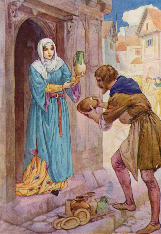 "Przynoszę te biedne naczynia jako prezent dla pani de Rainault", powiedział Robin do służącej (kolorowa litografia) autorstwa Harry George Theaker
