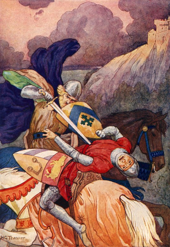Król Artur dźgający wroga w pierś (kolorowa litografia) autorstwa Harry George Theaker