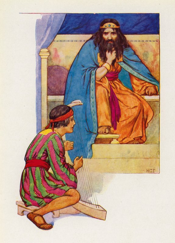 Król Saul kazał Dawidowi grać na harfie (kolorowa litografia) autorstwa Harry George Theaker