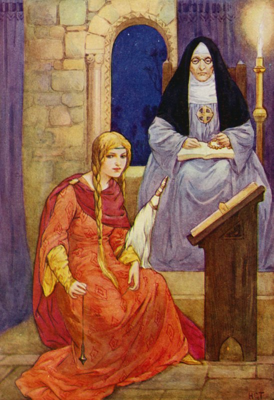 Marion była pod schronieniem w Kirklees, z tamtejszą opatką (kolorowa litografia) autorstwa Harry George Theaker