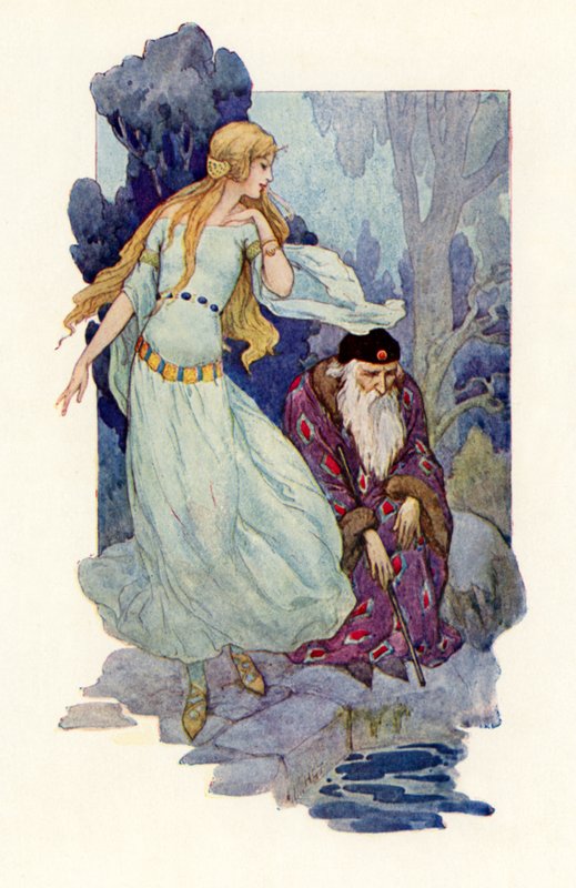 Merlin oczarowany śpiewem wróżki (kolorowa litografia) autorstwa Harry George Theaker