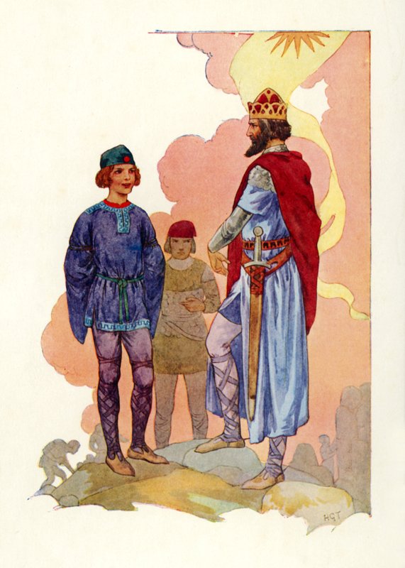 Merlin prowadzony przed oblicze króla (kolorowa litografia) autorstwa Harry George Theaker