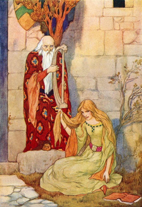 Merlin grający na harfie z wróżką Nimue (kolorowa litografia) autorstwa Harry George Theaker