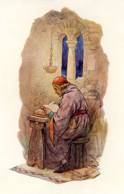 Czytanie Merlina (kolorowa litografia) autorstwa Harry George Theaker