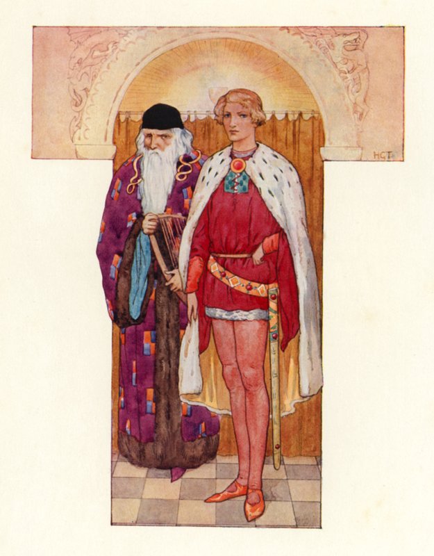 Merlin z Galahadem u boku (kolorowa litografia) autorstwa Harry George Theaker