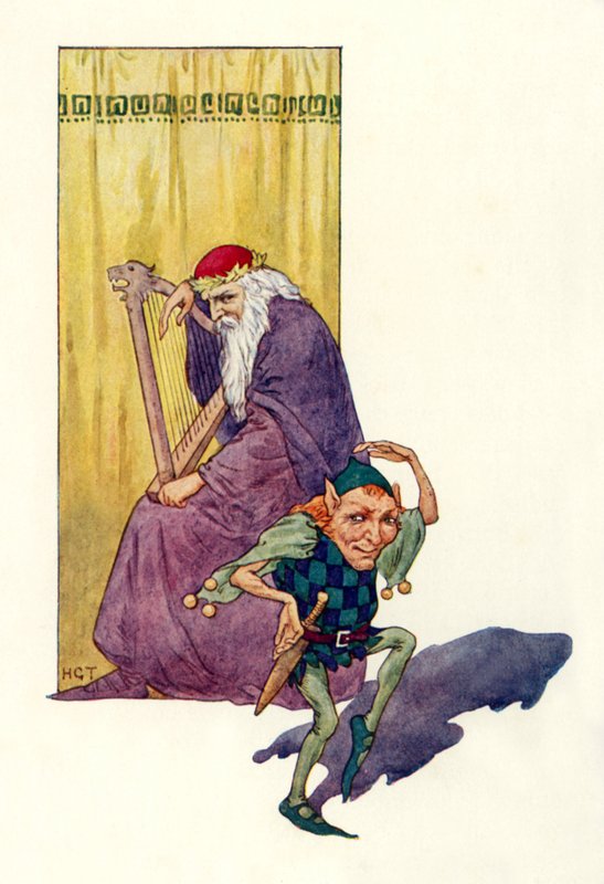 Minstrele i karły zabawiają króla (kolorowa litografia) autorstwa Harry George Theaker