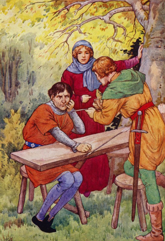 "Teraz na trzonku tej strzały, szeryfie, napisz swoje imię" (kolorowa litografia). autorstwa Harry George Theaker