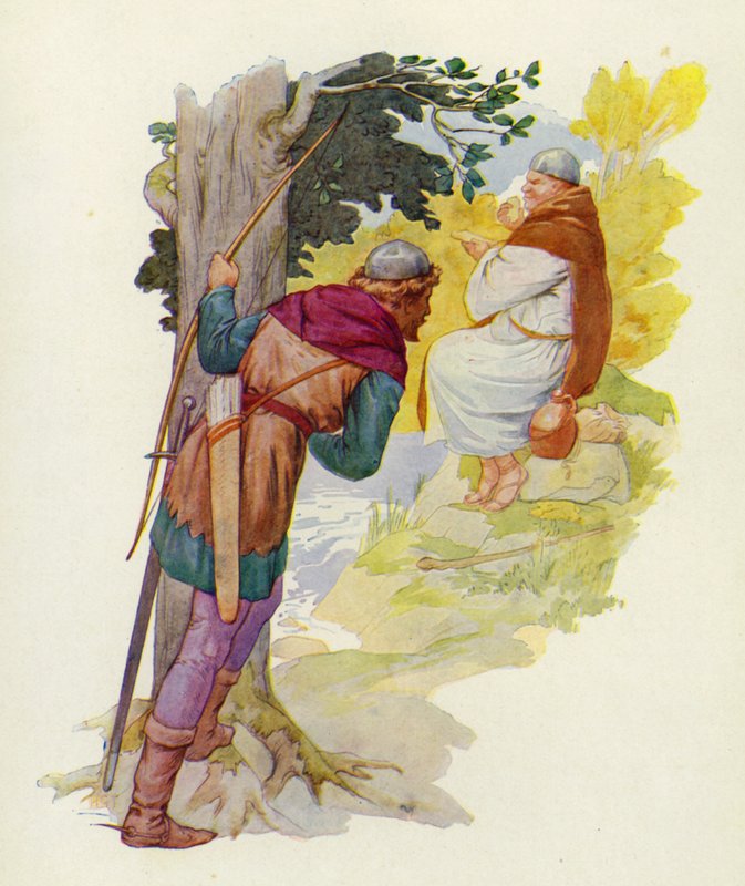 Na niewielkim pagórku obok brodu ogromny mężczyzna obgryzał wielki pasztecik z dziczyzną (kolorowa litografia). autorstwa Harry George Theaker