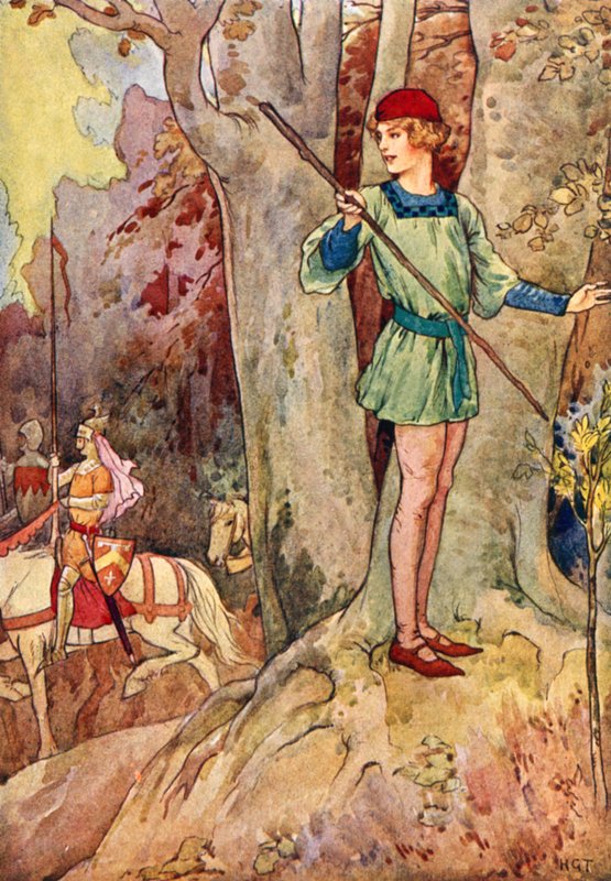 Perceval widzący trzech rycerzy Okrągłego Stołu (kolorowa litografia) autorstwa Harry George Theaker