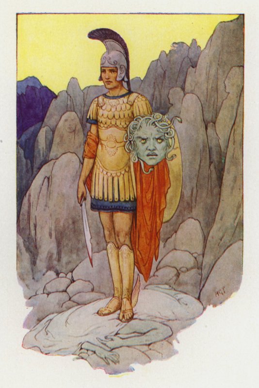 Perseusz i głowa Gorgony (kolorowa litografia) autorstwa Harry George Theaker