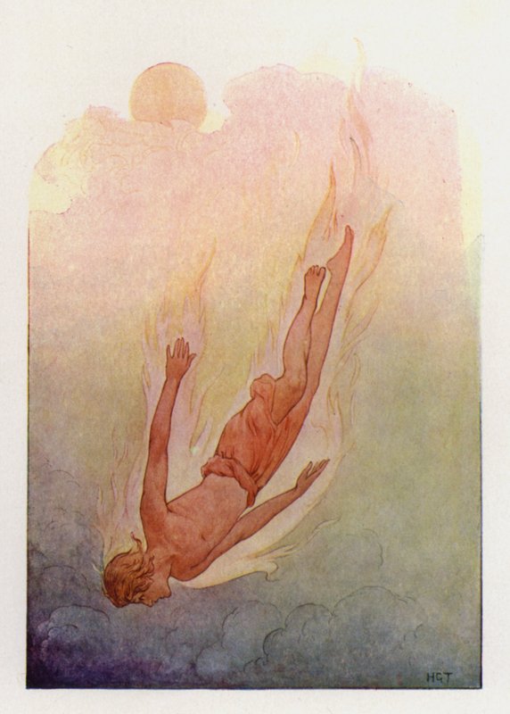 Faeton z włosami w płomieniach, wpadający do głębokiej, chłodnej rzeki (kolorowa litografia) autorstwa Harry George Theaker