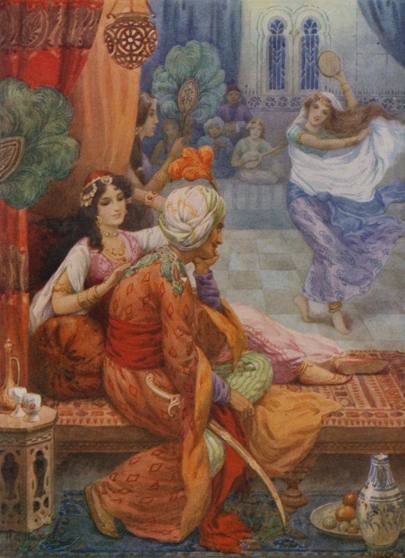 Książę Ahmed i wróżka Banou (kolorowa litografia) autorstwa Harry George Theaker