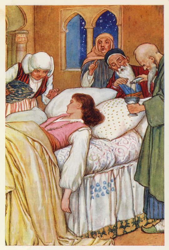 Księżniczka Aldegonda i jej lekarze (kolorowa litografia) autorstwa Harry George Theaker