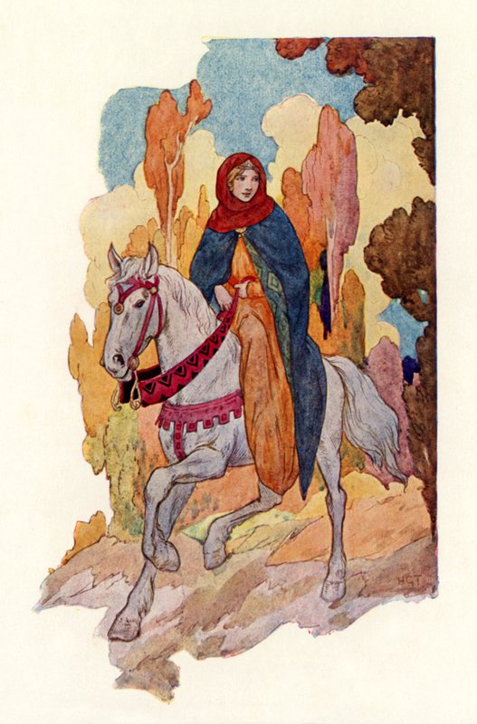 Księżniczka Ginewra jadąca konno (kolorowa litografia) autorstwa Harry George Theaker